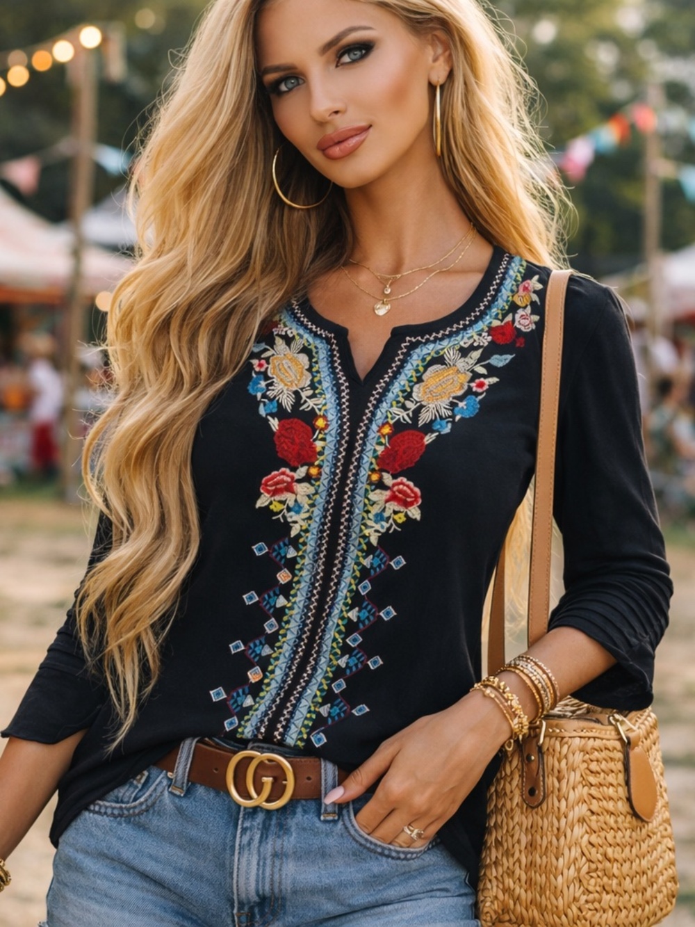 Embroidered Boho Top Black Floral Stitching Soft Stretch Blouse M